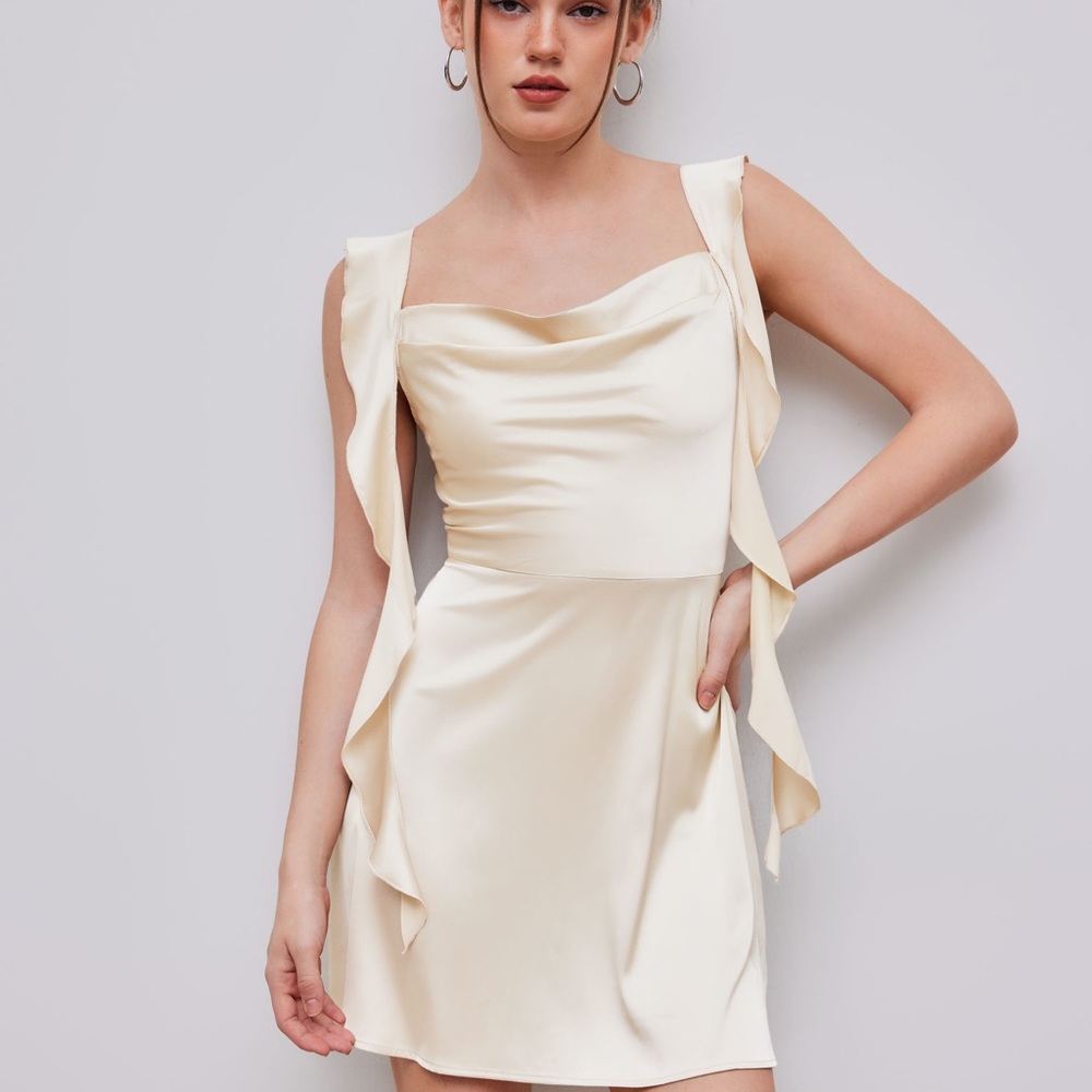 Satin Ruched Ruffle Hem Cream Mini Dress